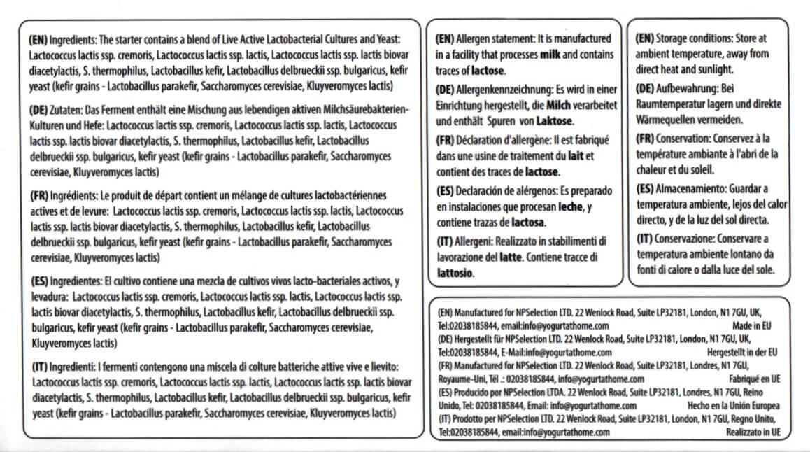 Kefir Starter Cultures from NPSelection (back)
